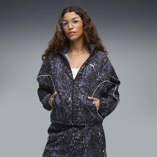 Foto del prodotto Giacca da donna PUMA Sport dal taglio morbido con stampa animalier e zip integrale, Abbigliamento, Grigio Gray
