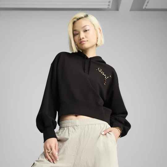Foto del prodotto PUMA Felpa con cappuccio cropped LEO LUXE vestibilità comoda da donna, Abbigliamento, Nero czarny