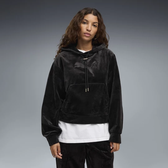 Foto del prodotto PUMA Felpa con cappuccio in velluto Essentials Elevated Standard da donna, Abbigliamento, Nero czarny