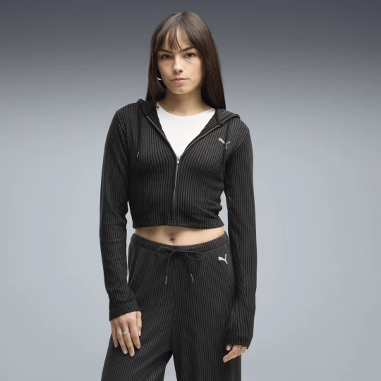 Foto del prodotto PUMA Felpa con cappuccio slim a coste con zip Essentials da donna, Abbigliamento, Nero czarny