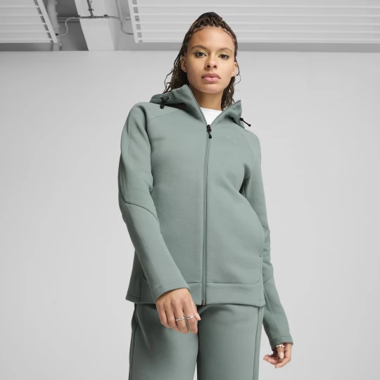 Foto del prodotto PUMA Felpa con zip integrale e cappuccio EVOSTRIPE da donna, Abbigliamento, Verde zielony