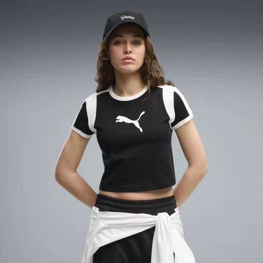 Foto del prodotto PUMA T-shirt aderente da donna con collo a costine e stampa grafica, Abbigliamento, Nero czarny