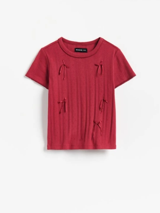 Foto del prodotto Reserved - T-shirt a coste con fiocchi - bordeaux